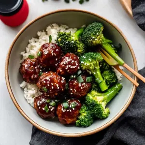Sticky Mongolian Meatballs and Broccoli