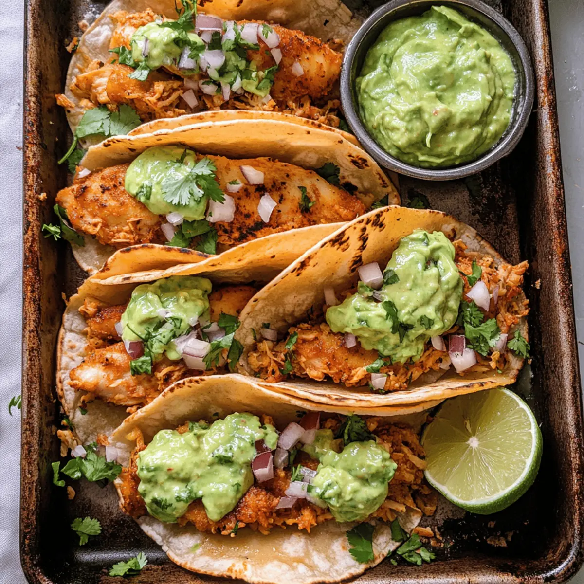 Crispy Chicken Carnitas Tacos with Avocado Cilantro Lime Sauce Delight