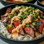 Korean BBQ Steak Rice Bowls with Spicy Cream Sauce