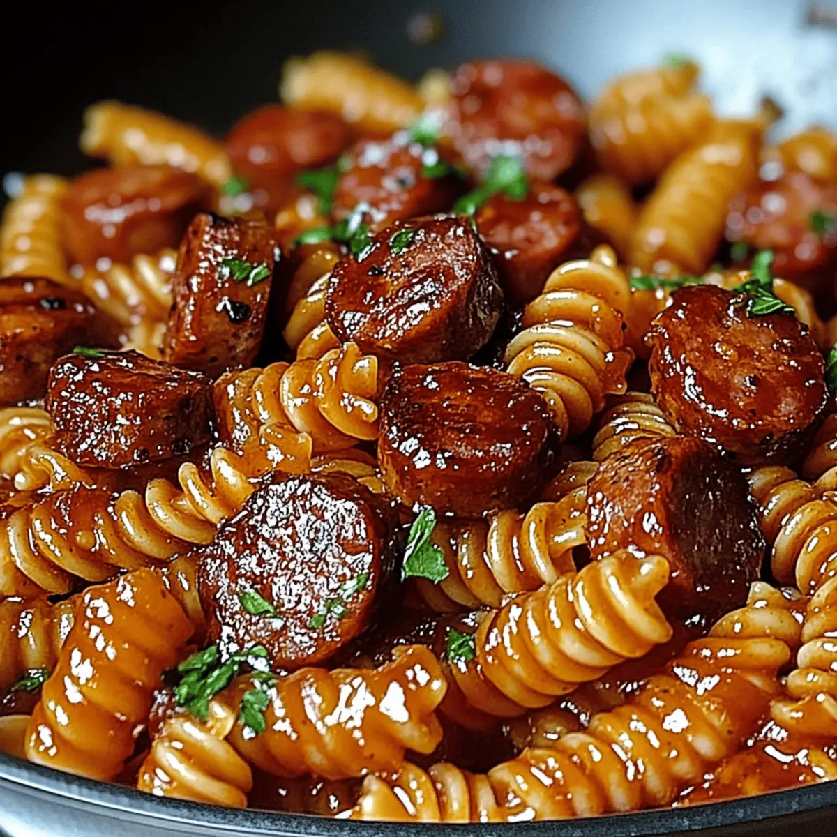 One-Skillet Spicy Honey BBQ Sausage & Pasta Made Easy