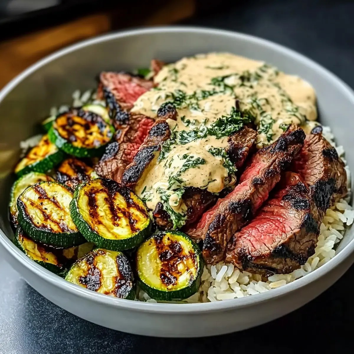 Grilled Steak Bowl with Sauce & Grilled Zucchini Bliss