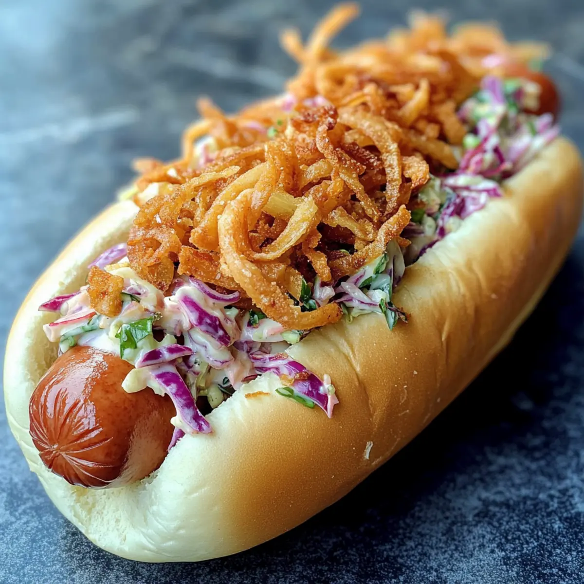 Firecracker Hot Dogs with Spicy Slaw & Crispy Onions Delight