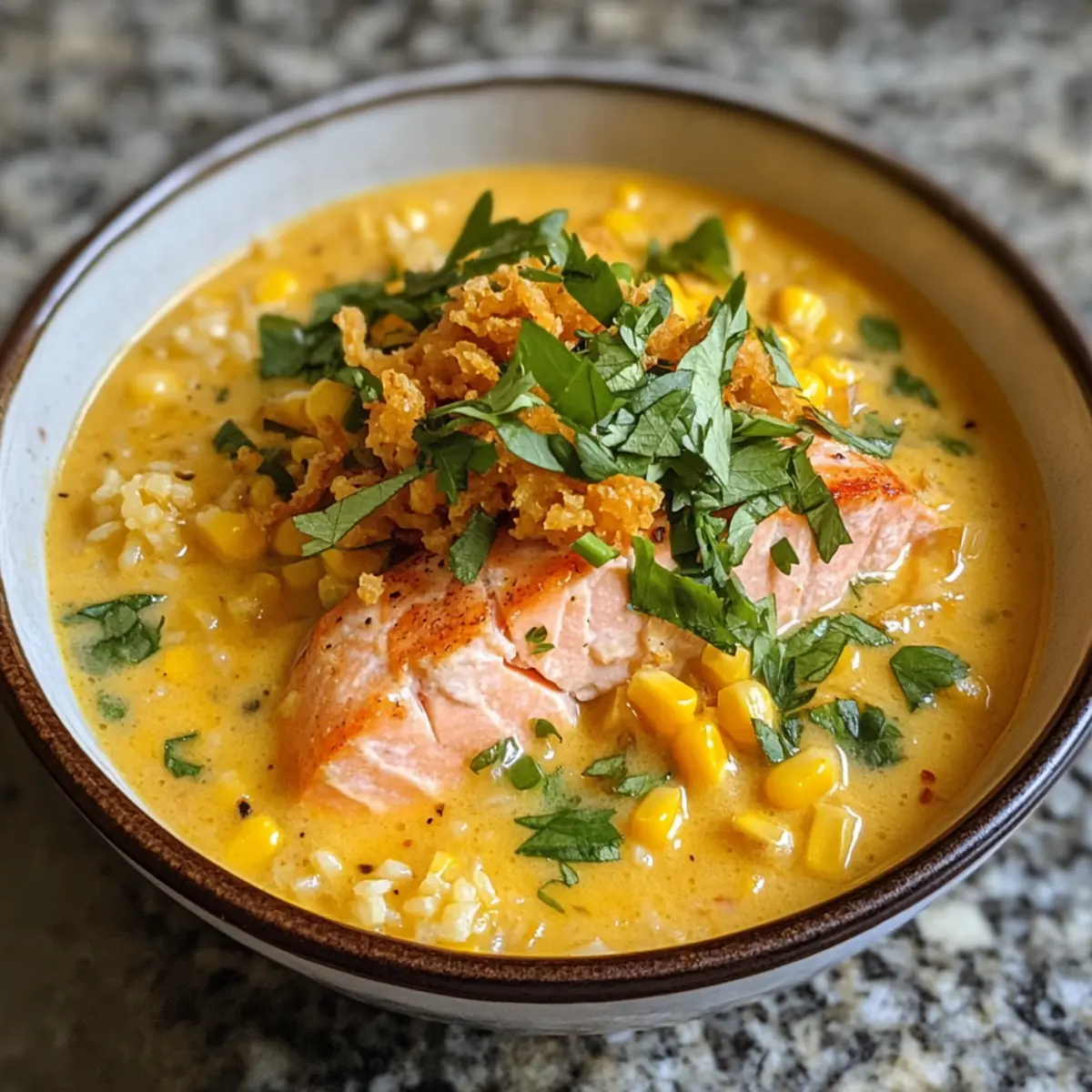 Delightful Corn Gazpacho with Salmon & Crispy Rice Treat