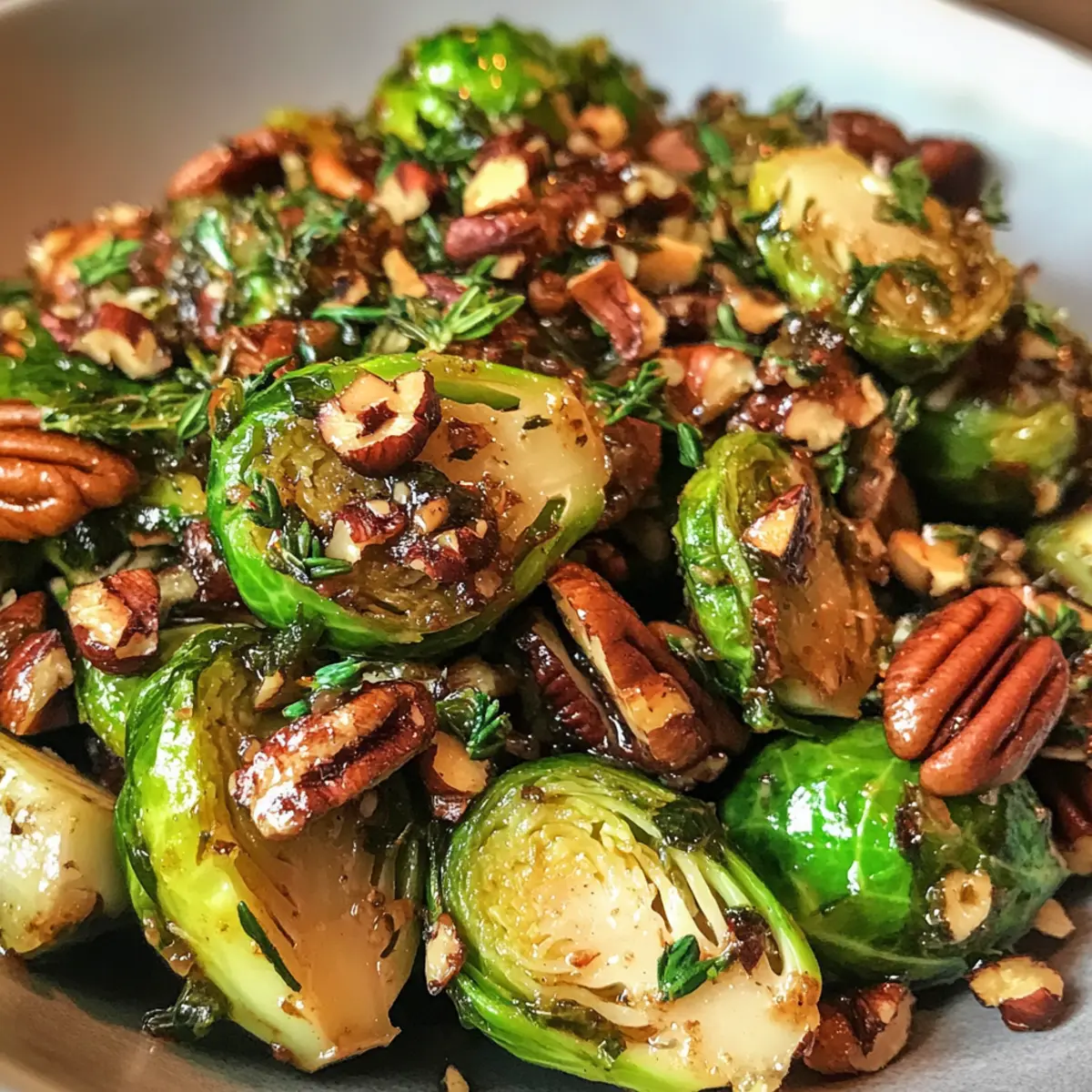 Fried Brussels Sprouts with Cider Vinaigrette and Pecan Bliss