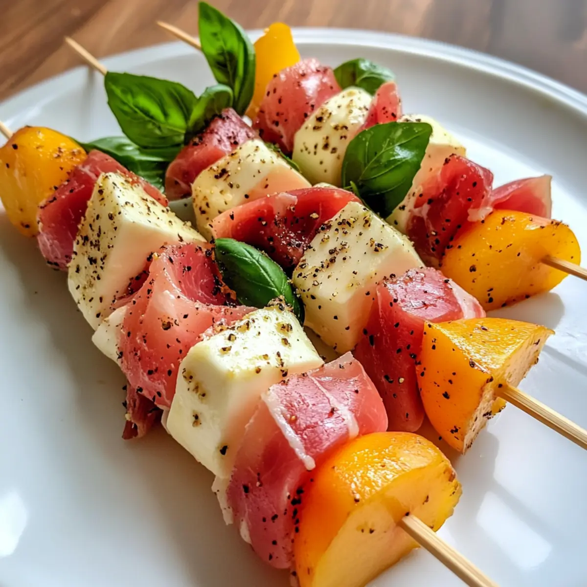 Mozzarella, Prosciutto, and Pickled Peach Skewers Delight
