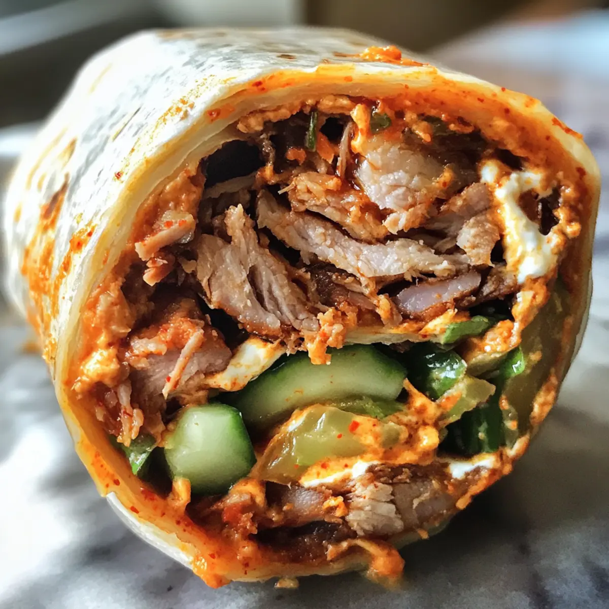 Korean Burrito with Slow Cooked Pork and Kimchi Mayo Bliss