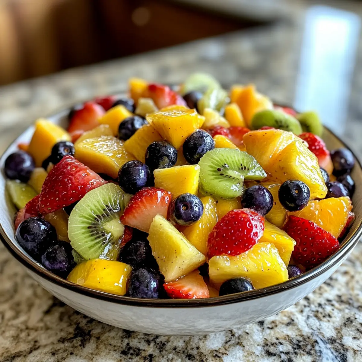 Fresh Rainbow Fruit Salad with Champagne Vanilla Bean Syrup Bliss